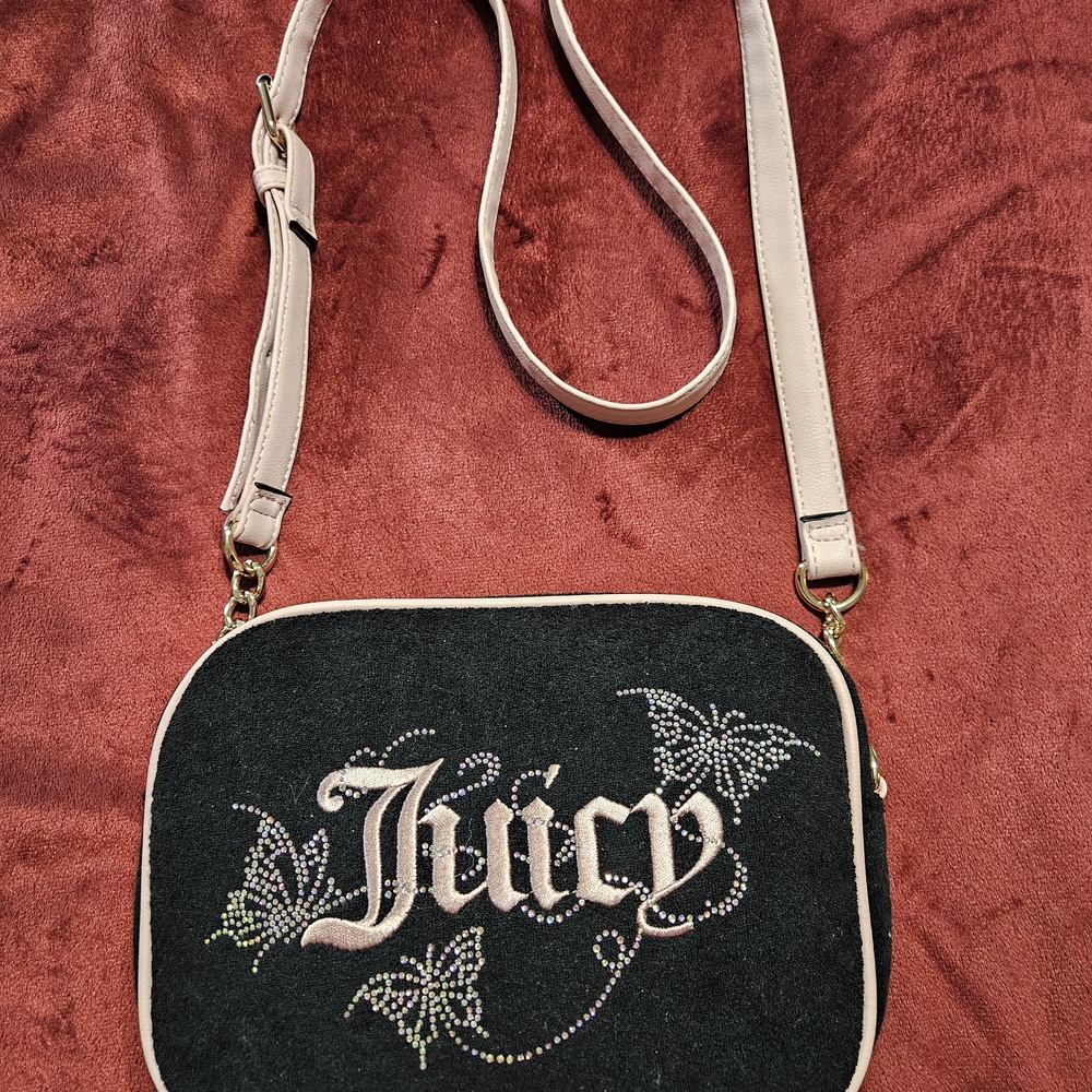 Juicy Couture Black Rhinestone 'Juicy' Crossbody Bag with Blush Strap